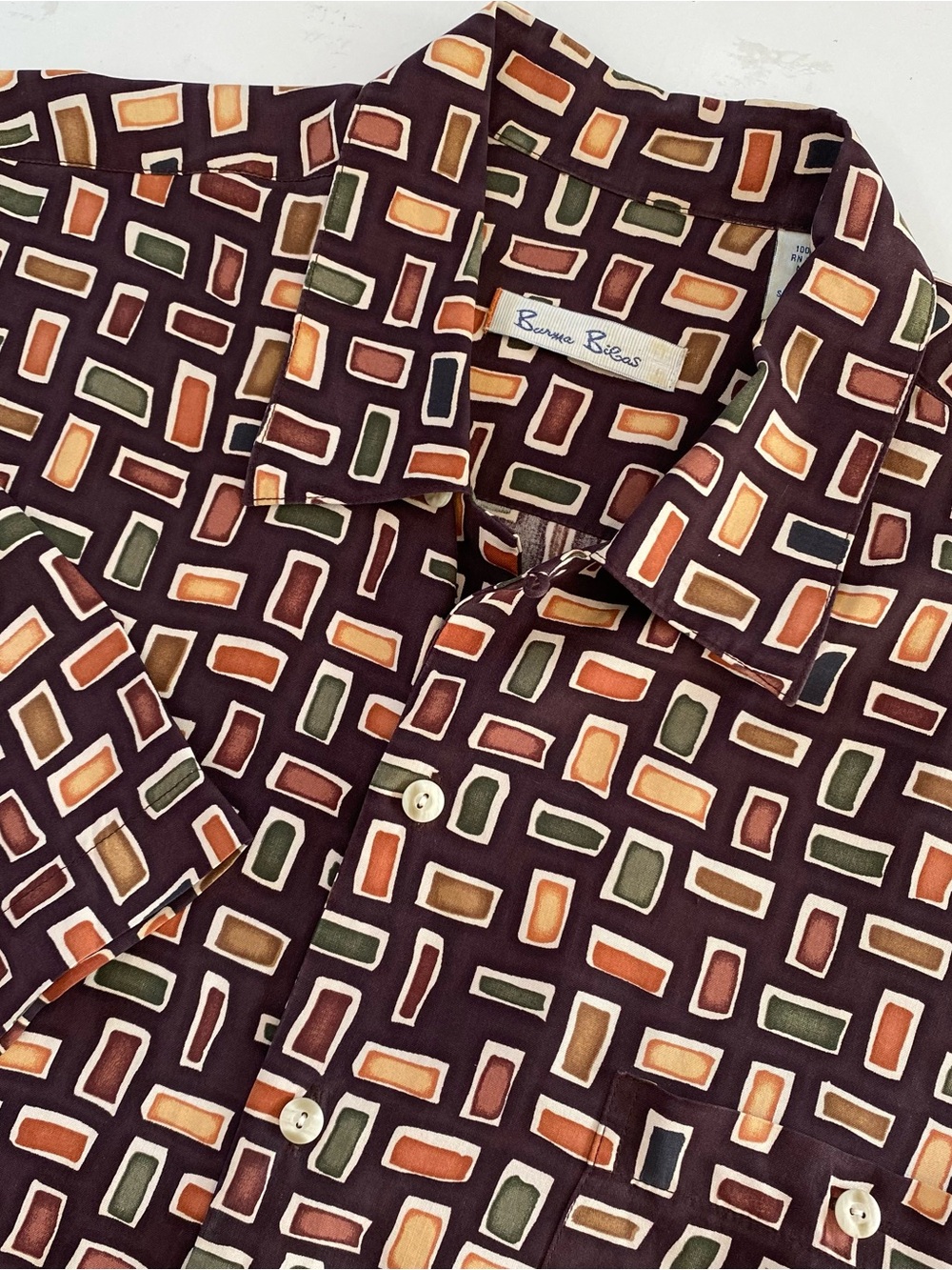 Vintage Burma Bibas Premium Silk Geometric Print Camp Shirt Sz M